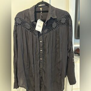 Free People Black Crochet Detail Button-Up Blouse, size small, NWT
